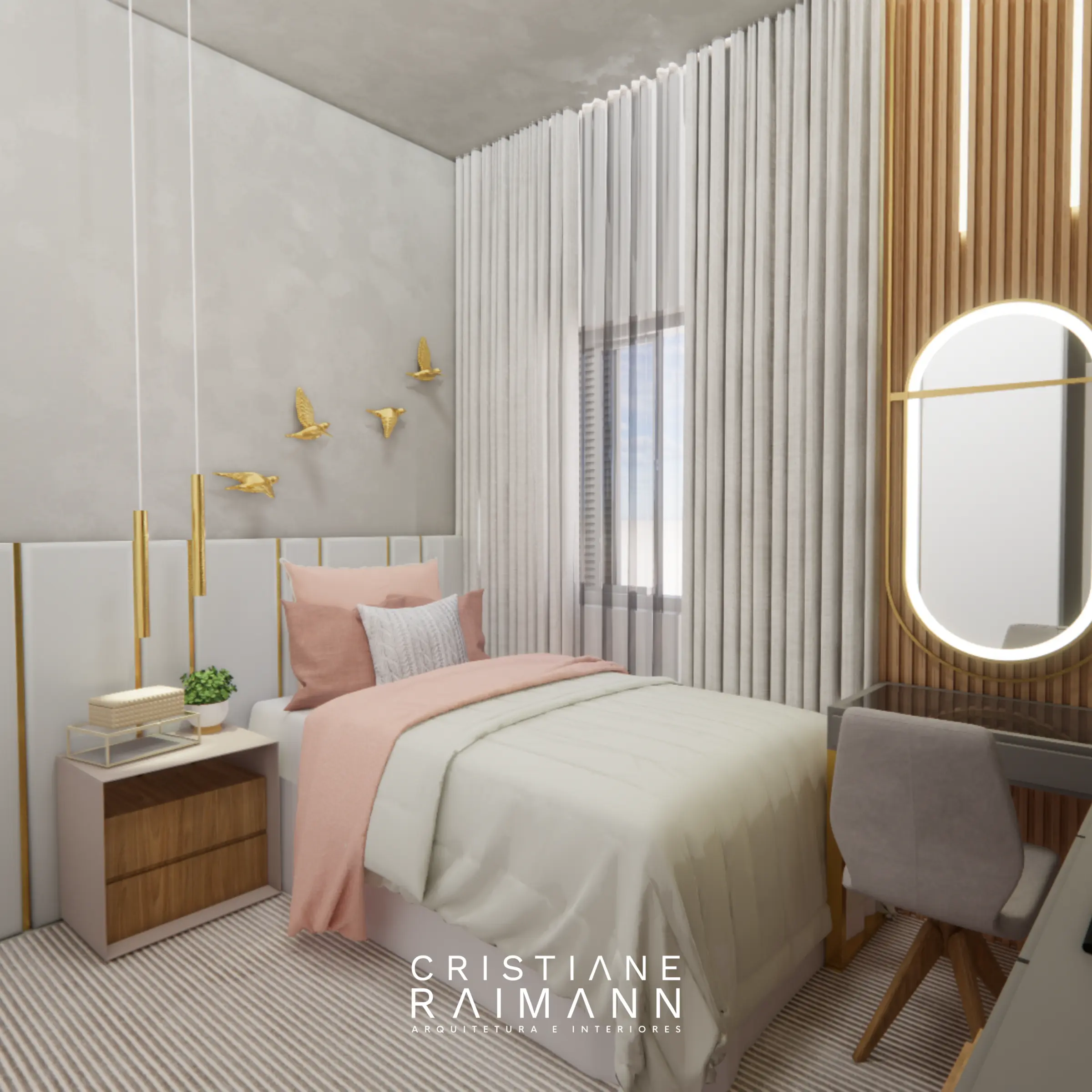 Suíte residencial com iluminação e marcenaria