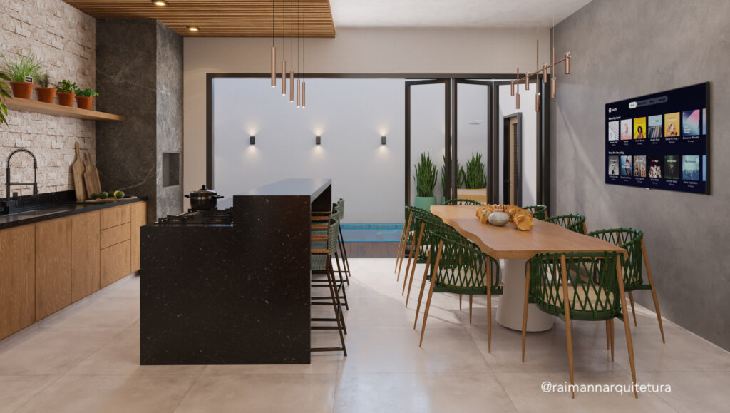 Interior residencial com madeira e iluminação acolhedora